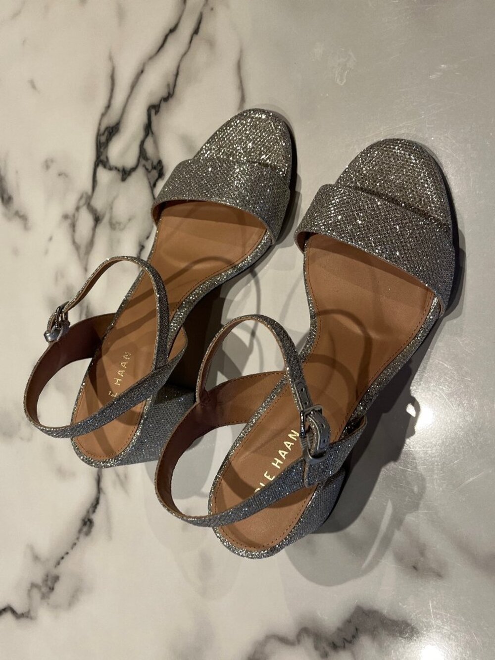 Cole Haan Josie Silver Glitter Block Heel Sandals - Size 7 1/2 - Picture 2 of 13
